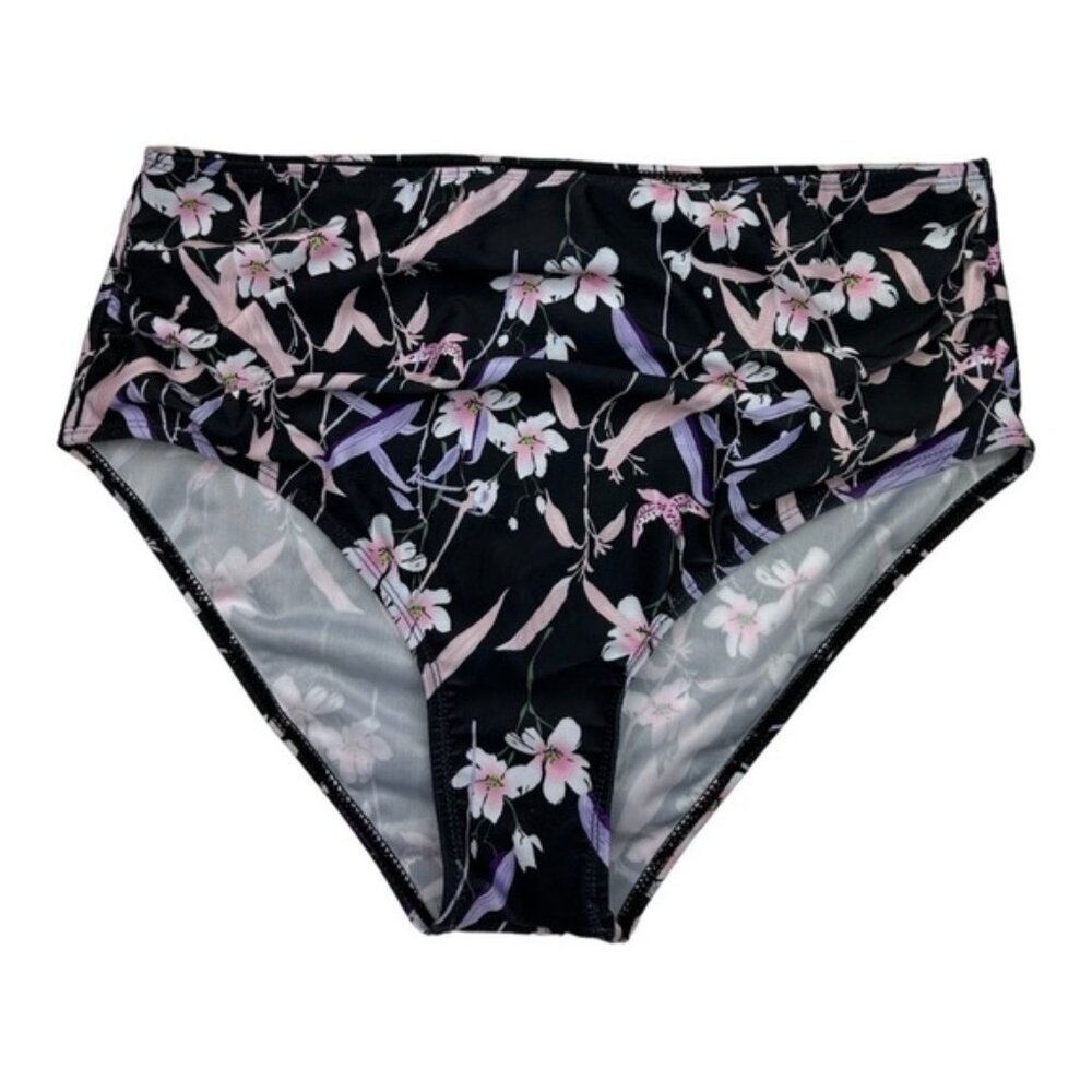 High Waisted Bikini Bottom Black Floral Size L